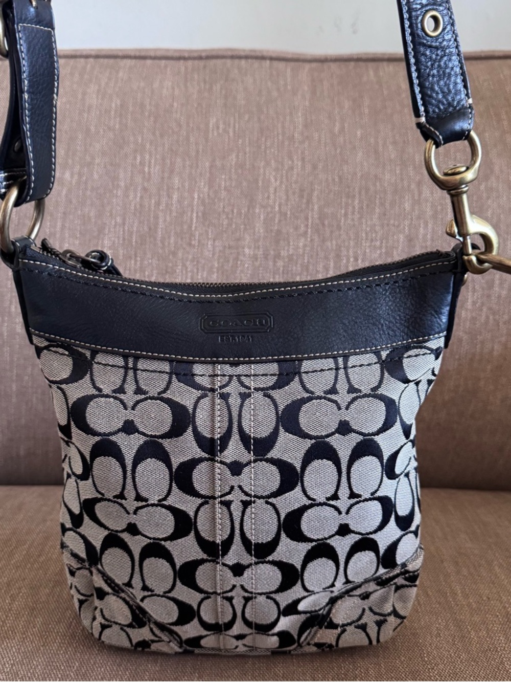 Coach Black and Khaki Signature Canvas Shoulder Bag